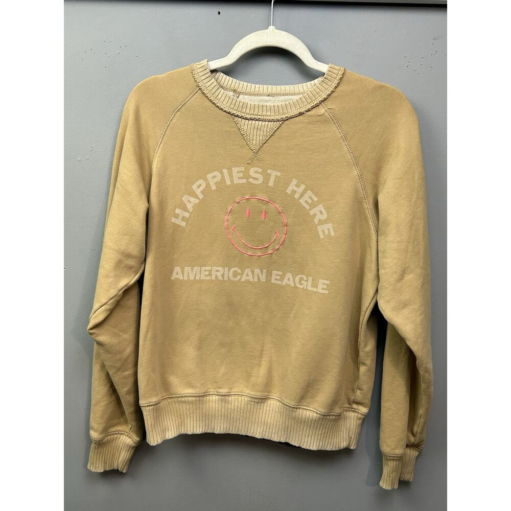 American Eagle Sweatshirt Womens XS Tan Pullover Happiest Here Smiley Face